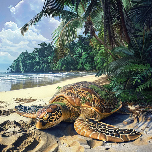 Sea turtle resting on secluded beach