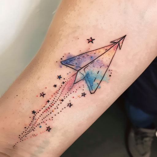 Watercolor inspired tattoo sketch of a paper airplane with a trail of stars