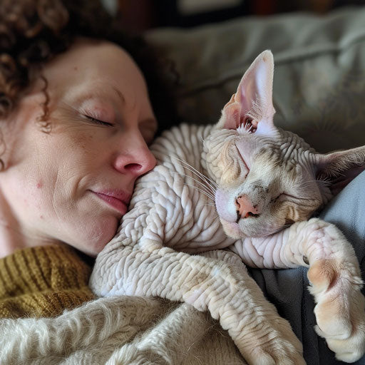 Cornish Rex cat asleep on a couch with its owner
