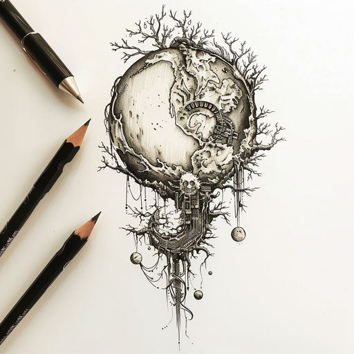 Biomechanical style flat tattoo sketch of Earth