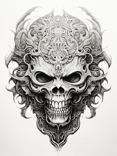 Skull mask oriental art, detailed drawing Balinese style