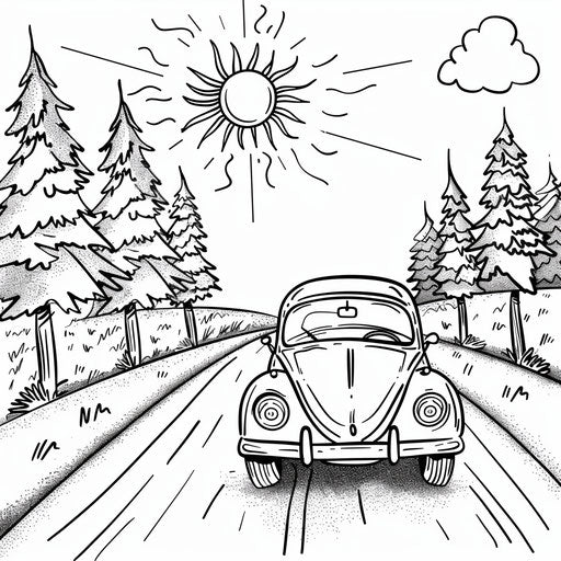 Car driving on road with trees and sun