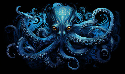 Blue octopus in black drawing, detailed shading style