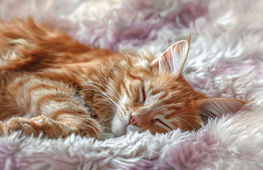 Cat resting on a fluffy carpet with expressive face