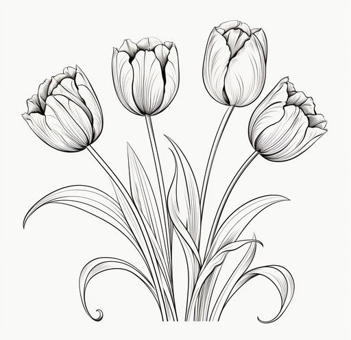 Color page for a tulips drawing, in the style of simple line drawings