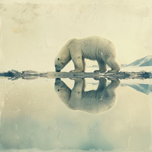 Polar bear reflected in calm waters of arctic lake