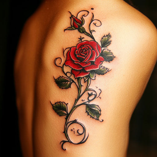 Rose tattoos for women with traditional American design in the style of Ed Hardy