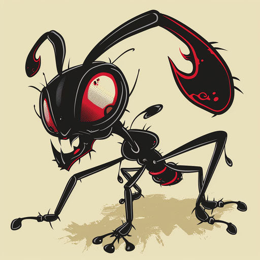 Stylized flat tattoo sketch of a cartoonish ant