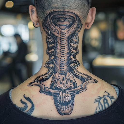 Biomechanical design tattoo on the back neck