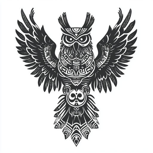 Flat tattoo sketch owl neck tattoo with Aztec designs