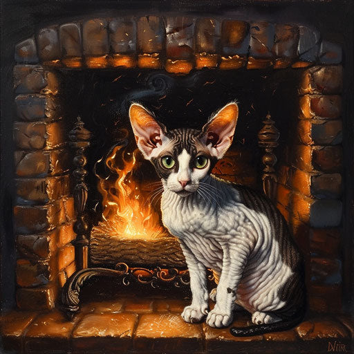 Cornish rex cat in front of a fireplace