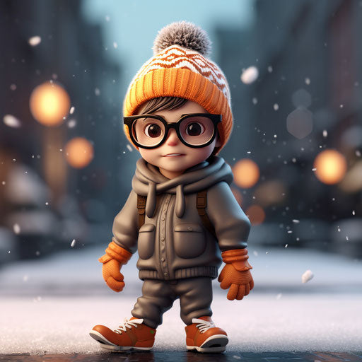 Cartoony boy with skateboard and glasses, orange hat