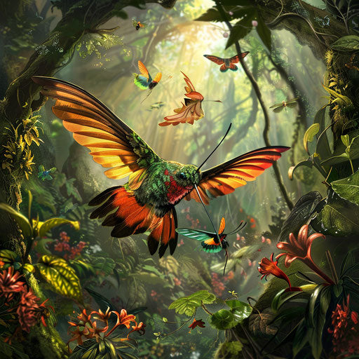 Humming bird moth in a majestic forest clearing