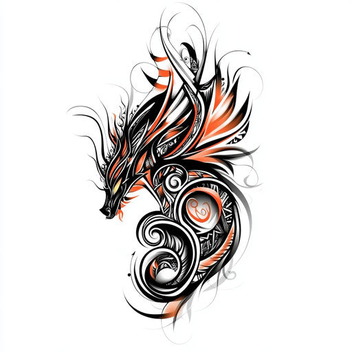 Tribal dragon tattoo sketch with swirling patterns and fiery accents on white