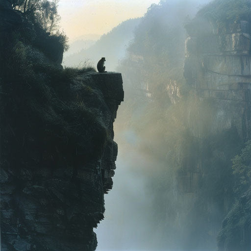 Yunnan snub-nosed monkey overlooking misty valleys at dawn