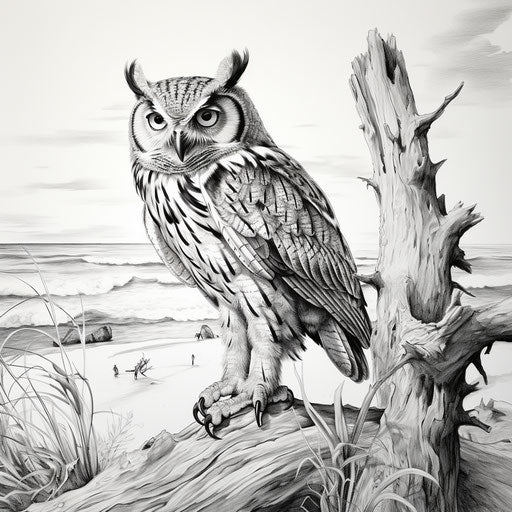 Ink on paper drawing of an owl on the beach