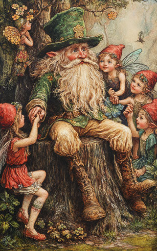 The leprechaun on a tree stump, surrounded by fairies in green and red hats, holding hands with curious children. Style William Morris. 29:46