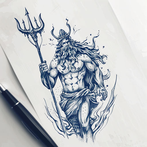 Navy tattoo sketch of Poseidon with trident in mythological style