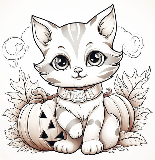 Kitten on a pumpkin coloring page in high detail style