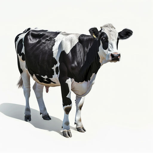 Realistic cow clipart with flat white background and dynamic shadows