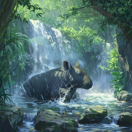 Tapir playing in lush jungle waterfall