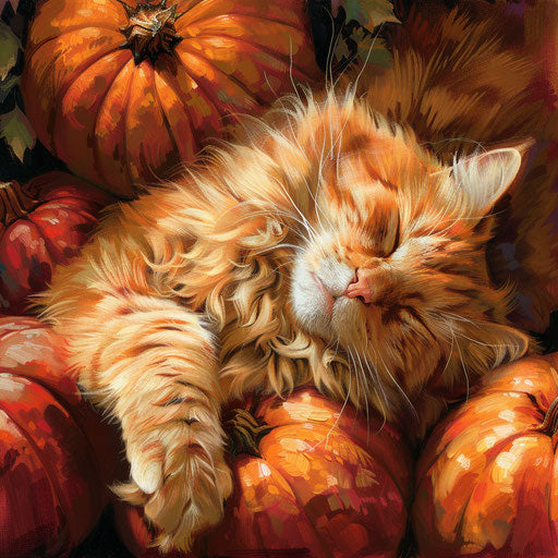 Fatcat resting with pumpkins