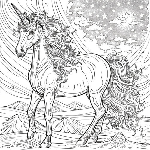 Magical unicorn under a star-filled sky. Coloring book page