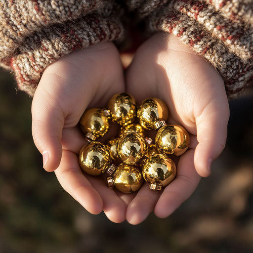 A child's hands holding golden jingle bells, their soft chime blend with laughter