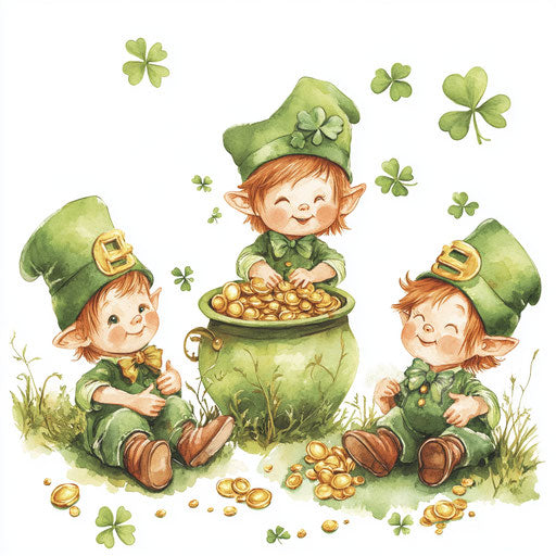 Saint Patrick's Day, cute baby leprechauns with gold and shamrocks