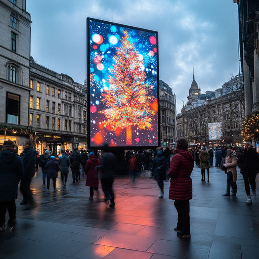 Animated digital display Christmas messages in busy city
