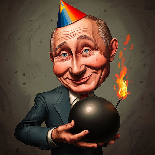 Caricature of Vladimir Putin with Party Hat Holding Bomb