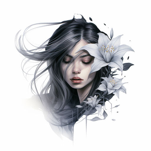 Lily tattoo design ideas, in the style of dark white and silver