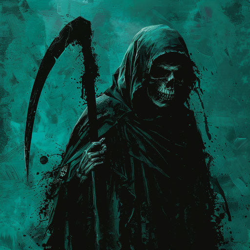Realistic grim reaper clipart with teal flat background