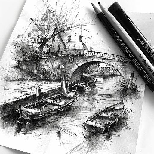 Artistic flat tattoo sketch of a riverside with a bridge and quaint boats