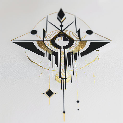Art Deco tattoo design with geometric shapes in gold and black on white