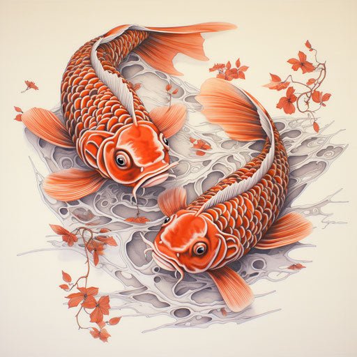 Pencil drawing of two koi fish, stencil-based style, animal motifs