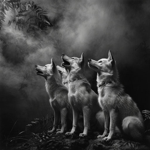 Dingoes in a poetic black and white scene, Gregory Colbert style