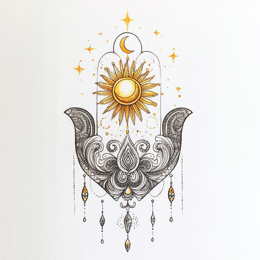 Hamsa hand tattoo with sun and moon motif