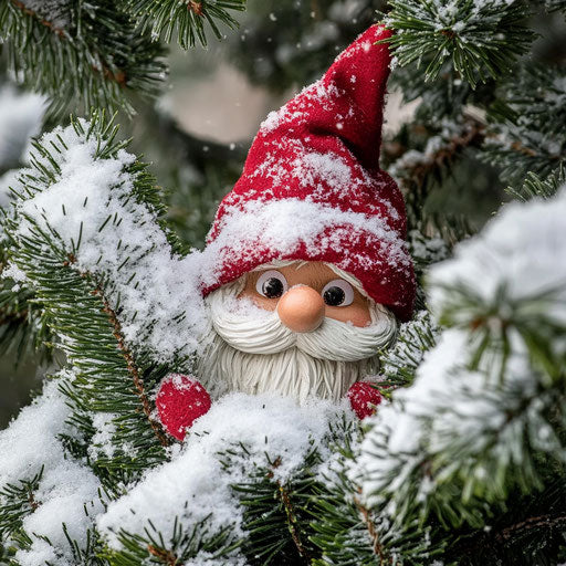 A Christmas gnome hiding behind a snowy pine tree, his red hat dusted with fresh snow.