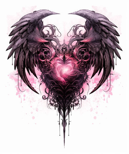 Winged heart flying, dracopunk style, black and pink, detailed ink drawings
