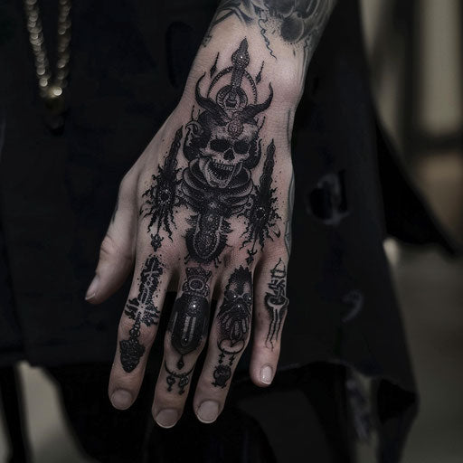 Dark gothic hand tattoo with mysterious symbols for women