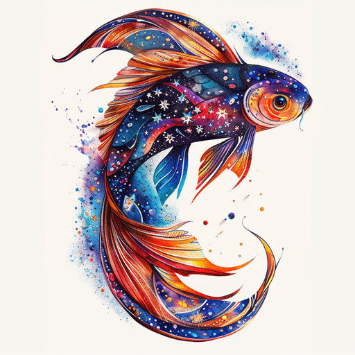 Design of a cosmic fish tattoo with celestial patterns and space colors on white background