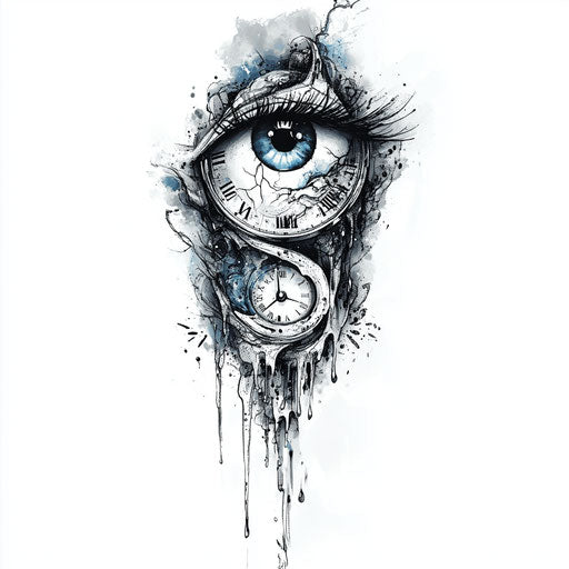 Inner bicep tattoo for men with surreal eye and melting clock