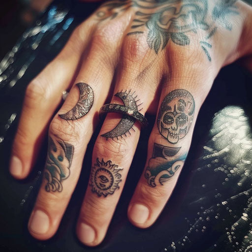 Sun moon wedding ring tattoos on bride and groom fingers