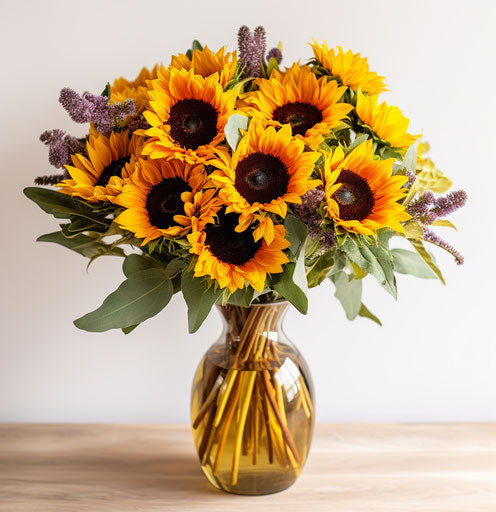 Symmetrical floral arrangement in glass vase
