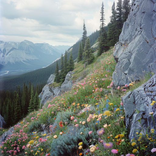 Sulphur Mountain, Canada, rugged cliffs, wildflowers in bloom
