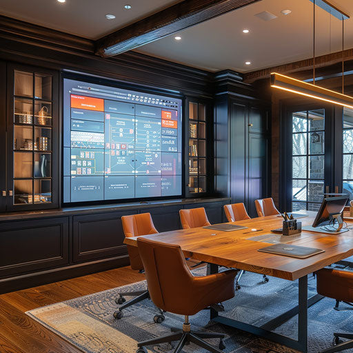 Home office with interactive touchscreen wall for project planning
