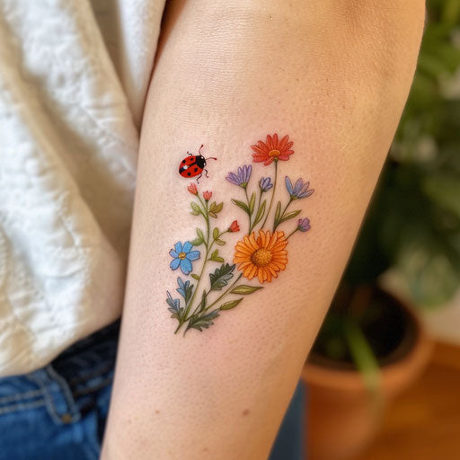 Wildflower tattoo with ladybug, vibrant flowers