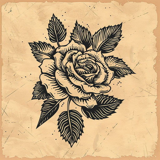Rustic gypsy rose tattoo sketch in traditional woodcut style