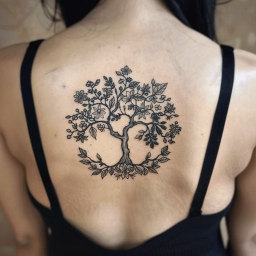 spiritual tattoos of a tree of life, in the style of Maria Sibylla Merian, on the lower back